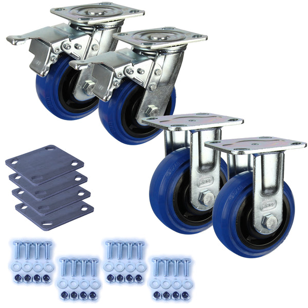 Heavy Industrial 125mm 220 Kg Per Castor Pack <span>2x Fixed & 2x Swivel Total Brake Blue Rubber</span>*HIN5-F-SB-BRQ-PACK*