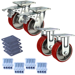 Heavy Industrial 125mm 350 kg Per Castor Pack 2x Fixed & 2x Swivel Total Brake Polyurethane *HIN5-F-SB-CIPU-PACK*