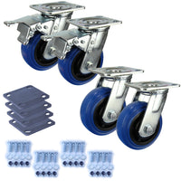 Heavy Industrial 125mm 220 kg Per Castor Pack 2x Swivel & 2x Swivel Total Brake Blue Rubber *HIN5-S-SB-BRQ-PACK*