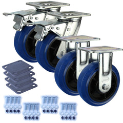 Heavy Industrial 150mm 300 kg Per Castor Pack 2x Fixed & 2x Swivel Total Brake Blue Rubber *HIN6-F-SB-BRQ-PACK*