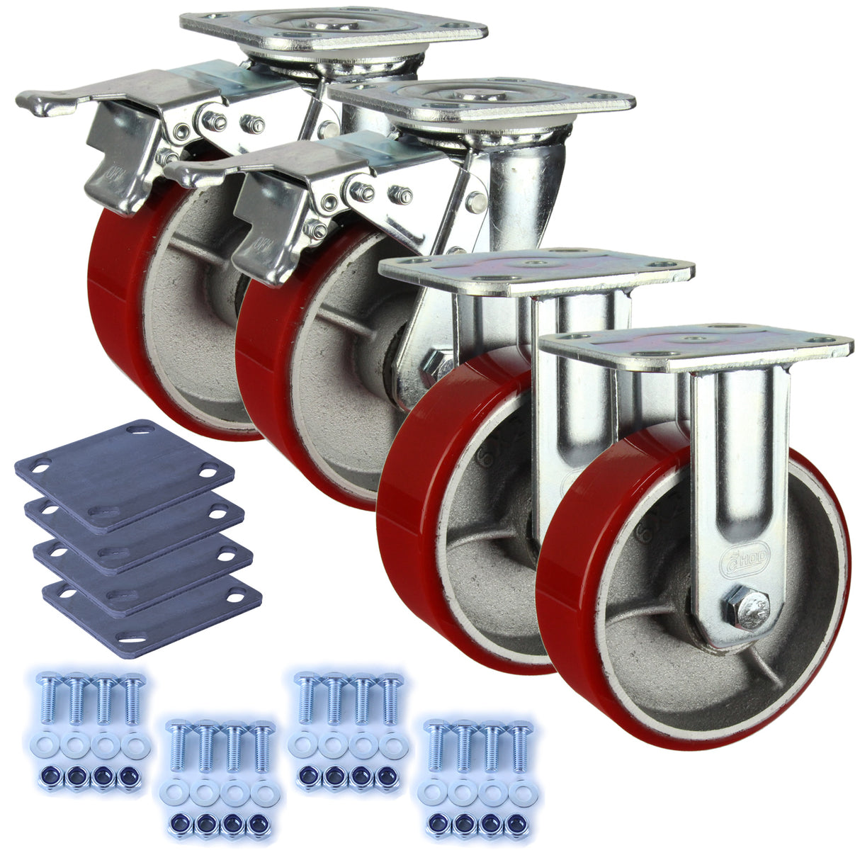 Heavy Industrial 150mm 400 Kg Per Castor Pack 2x Fixed & 2x Swivel Total Brake Polyurethane *HIN6-F-SB-CIPU-PACK*