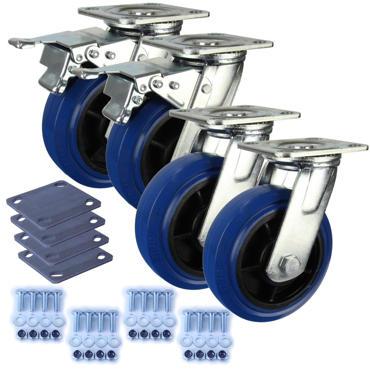 Heavy Industrial 150mm 300 Kg Per Castor Pack 2x Swivel & 2x Swivel Total Brake Blue Rubber *HIN6-S-SB-BRQ-PACK*