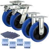 Heavy Industrial 200mm 350 Kg Per Castor Pack 2x Fixed & 2x Swivel Total Brake Blue Rubber *HIN8-F-SB-BRQ-PACK*