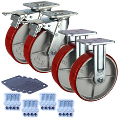 Heavy Industrial 200mm 450 kg Per Castor Pack 2x Fixed & 2x Swivel Total Brake Polyurethane *HIN8-F-SB-CIPU-PACK*