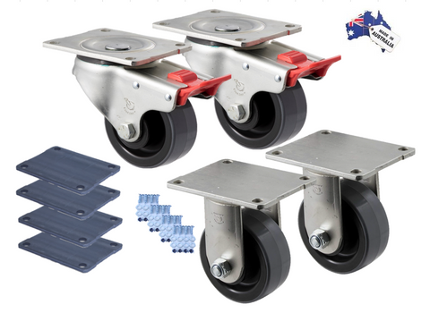 Premium Australian Made Heavy Industrial 100mm<span>2x Fixed & 2x Swivel Total Brake Polyurethane 300kg per castor (HUR100F-SB-PACK)</span>