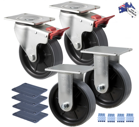 Premium Australian Made Heavy Industrial 150mm<span>2x Fixed & 2x Swivel Total Brake Polyurethane 450kg per castor (HUR150F-SB-PACK)</span>