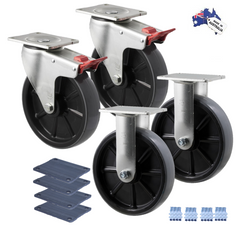 Premium Australian Made Heavy Industrial 200mm 2x Fixed & 2x Swivel Total Brake Polyurethane 500 kg per castor (HUR200F-SB-PACK)