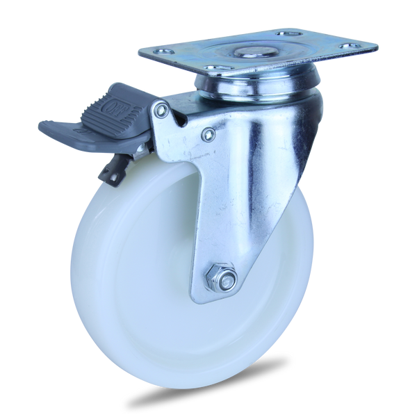 MZWNA125STB <span>120 Kg Swivel Plate Total Brake 125mm White Nylon</span>