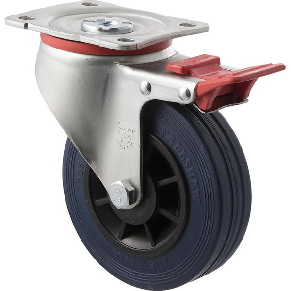 JBR125/JZPTB <span>180 Kg Swivel Plate Total Brake 125mm Blue Rubber</span>