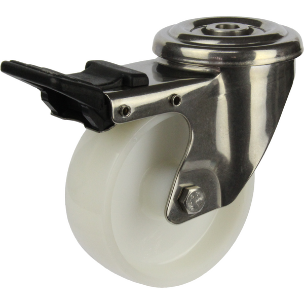 JSHT10035-NNP <span>220 Kg Bolt-Hole Total Brake 100mm Stainless Steel White Nylon</span>