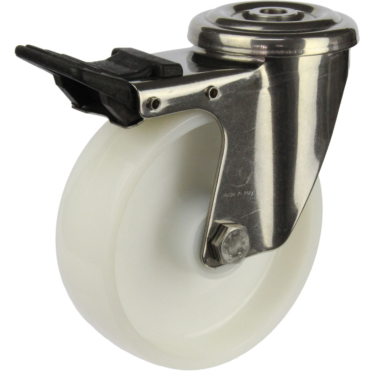 JSHT12540-NNR - 250 kg Bolt-Hole Total Brake 125mm Stainless Steel White Nylon