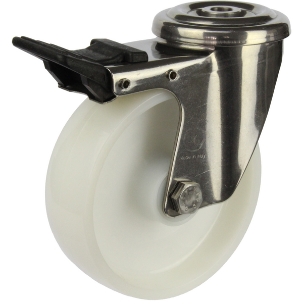 JSHT12540-NNR <span>250 Kg Bolt-Hole Total Brake 125mm Stainless Steel White Nylon</span>