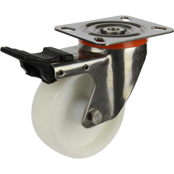 JSST10035-NNR <span>220 Kg Swivel Plate Total Brake 100mm Stainless Steel White Nylon</span>
