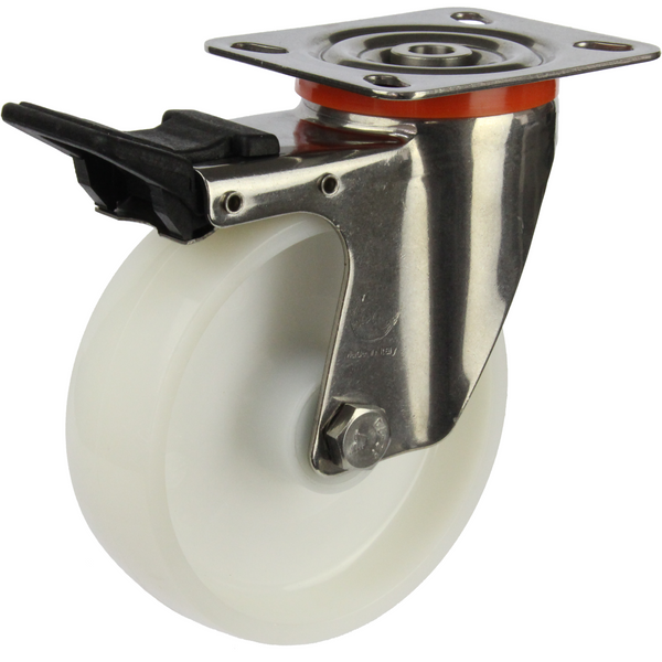 JSST12540-NNR <span>250 Kg Swivel Plate Total Brake 125mm Stainless Steel White Nylon</span>