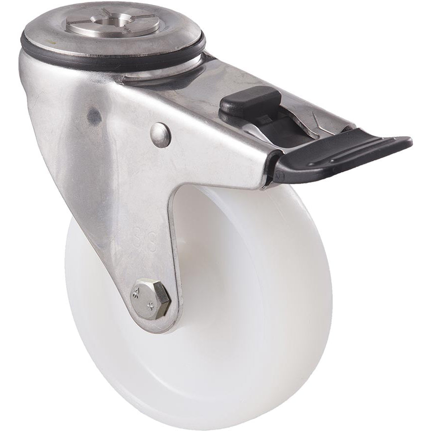 MNN100WS/MSHTB 150 Kg Stainless Steel Bolt-Hole Total Brake 100mm White Nylon