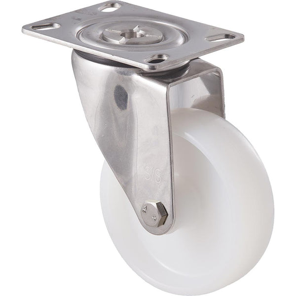 MNN100WS/MSP <span>150 Kg Stainless Steel Swivel Plate 100mm White Nylon</span>