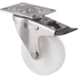 MNN100WS/MSPTB 150 Kg Stainless Steel Swivel Plate Total Brake 100mm White Nylon