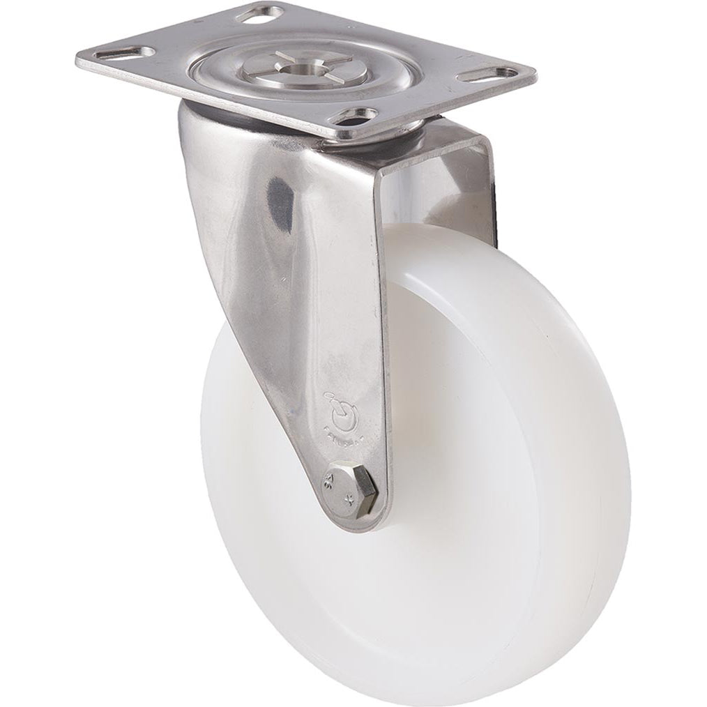 MNN125WS/MSP 150 Kg Stainless Steel Swivel Plate 125mm White Nylon