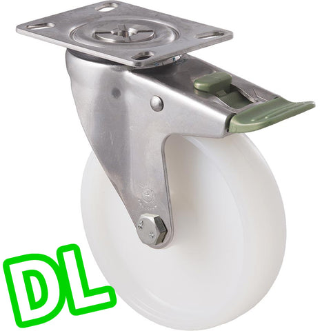 MNN125WS/MSPDL <span>150 Kg Stainless Steel Swivel Plate <strong>Direction Lock Only</strong> 125mm White Nylon</span>