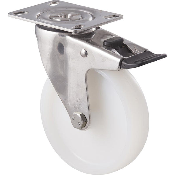 MNN125WS/MSPTB <span>150 Kg Stainless Steel Swivel Plate Total Brake 125mm White Nylon</span>