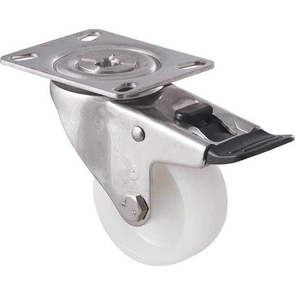 MNN75WS/MSPTB <span>150 Kg Stainless Steel Swivel Plate Total Brake 75mm White Nylon</span>
