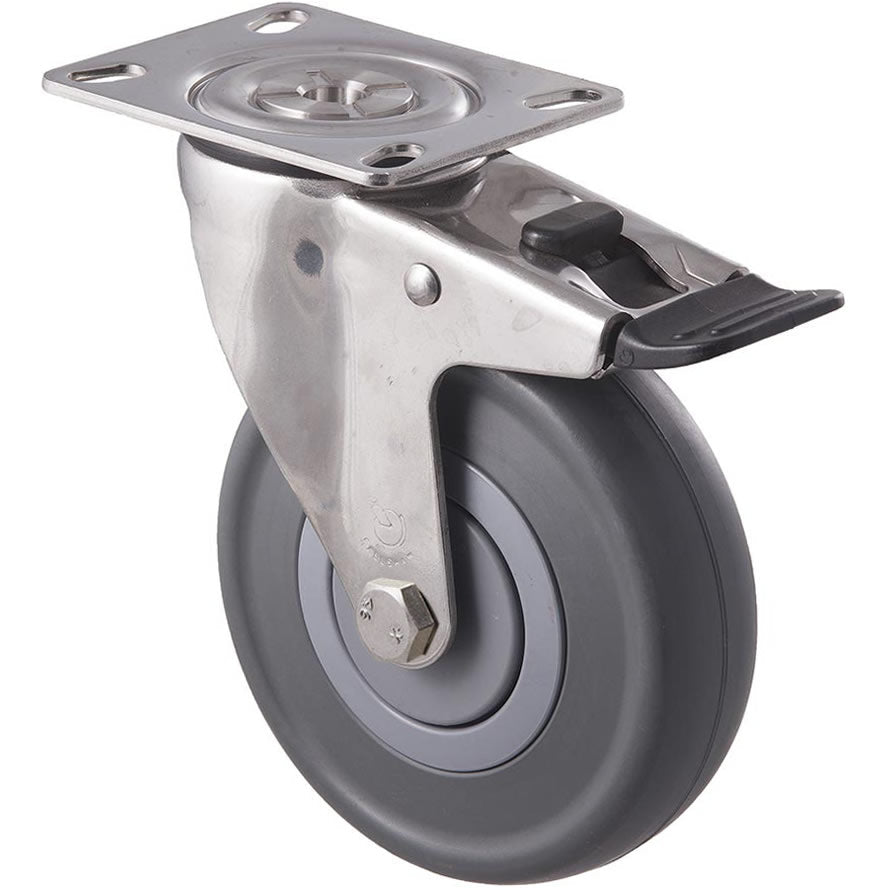 MSA125G/MSPTB 150 Kg Stainless Steel Swivel Plate Total Brake 125mm Grey Rubber