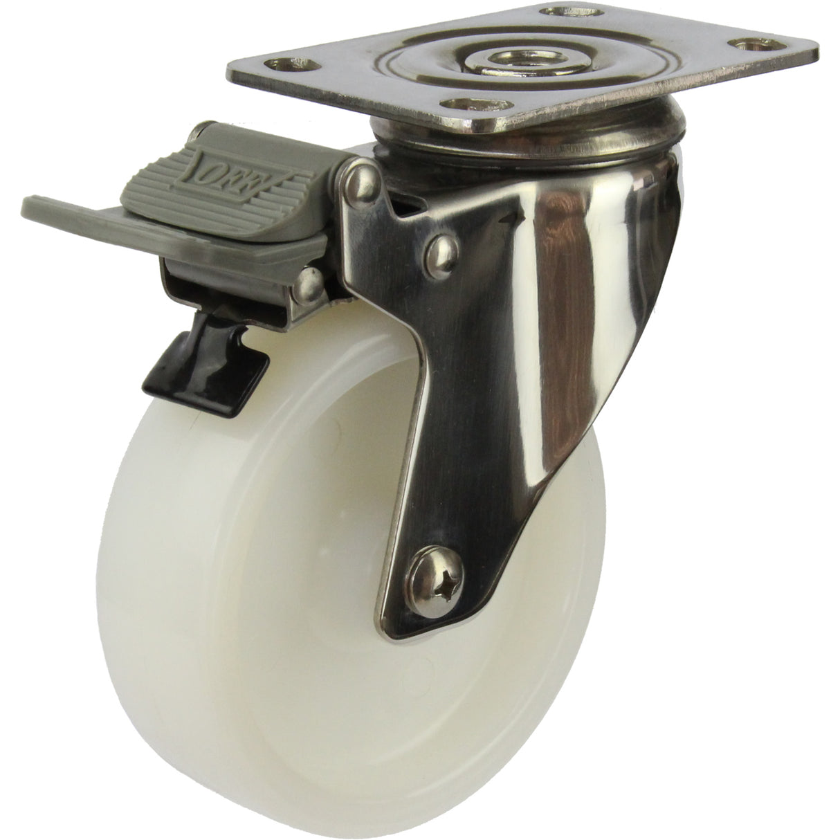 MSSWNA100STB - 100 Kg Swivel Plate Total Brake 100mm Stainless Steel White Nylon