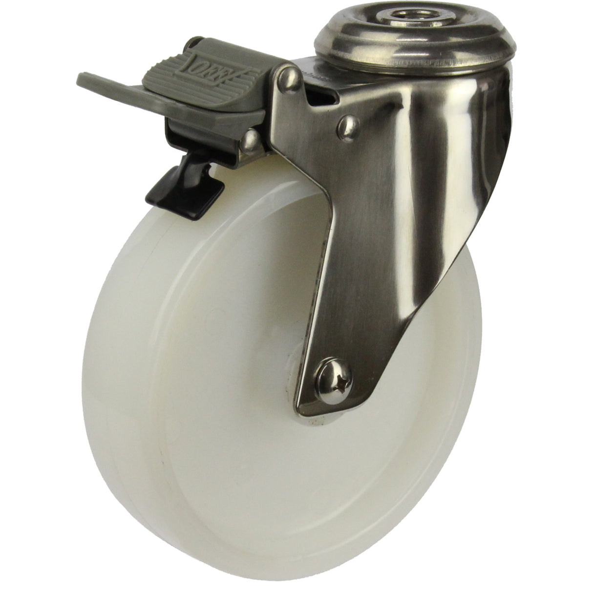 MSSWNA125BHTB - 100 Kg Bolt-Hole Total Brake 125mm Stainless Steel White Nylon