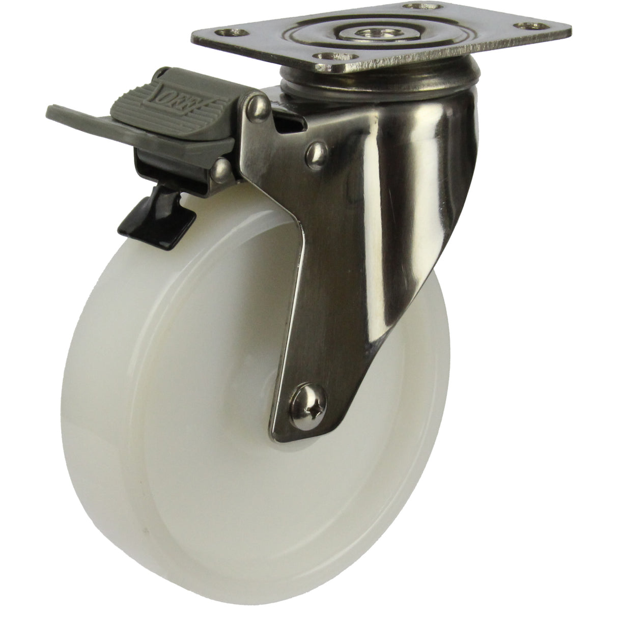 MSSWNA125STB - 100 Kg Swivel Plate Total Brake 125mm Stainless Steel White Nylon