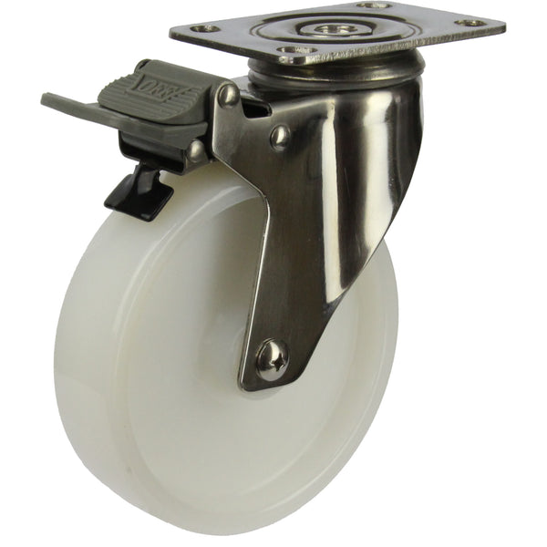 MSSWNA125STB <span>100 Kg Swivel Plate Total Brake 125mm Stainless Steel White Nylon</span>