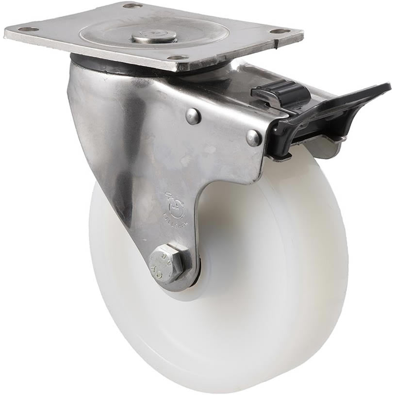 ONA150WS/OSPTB - 450 Kg Stainless Steel Swivel Plate Total Brake 150mm White Nylon